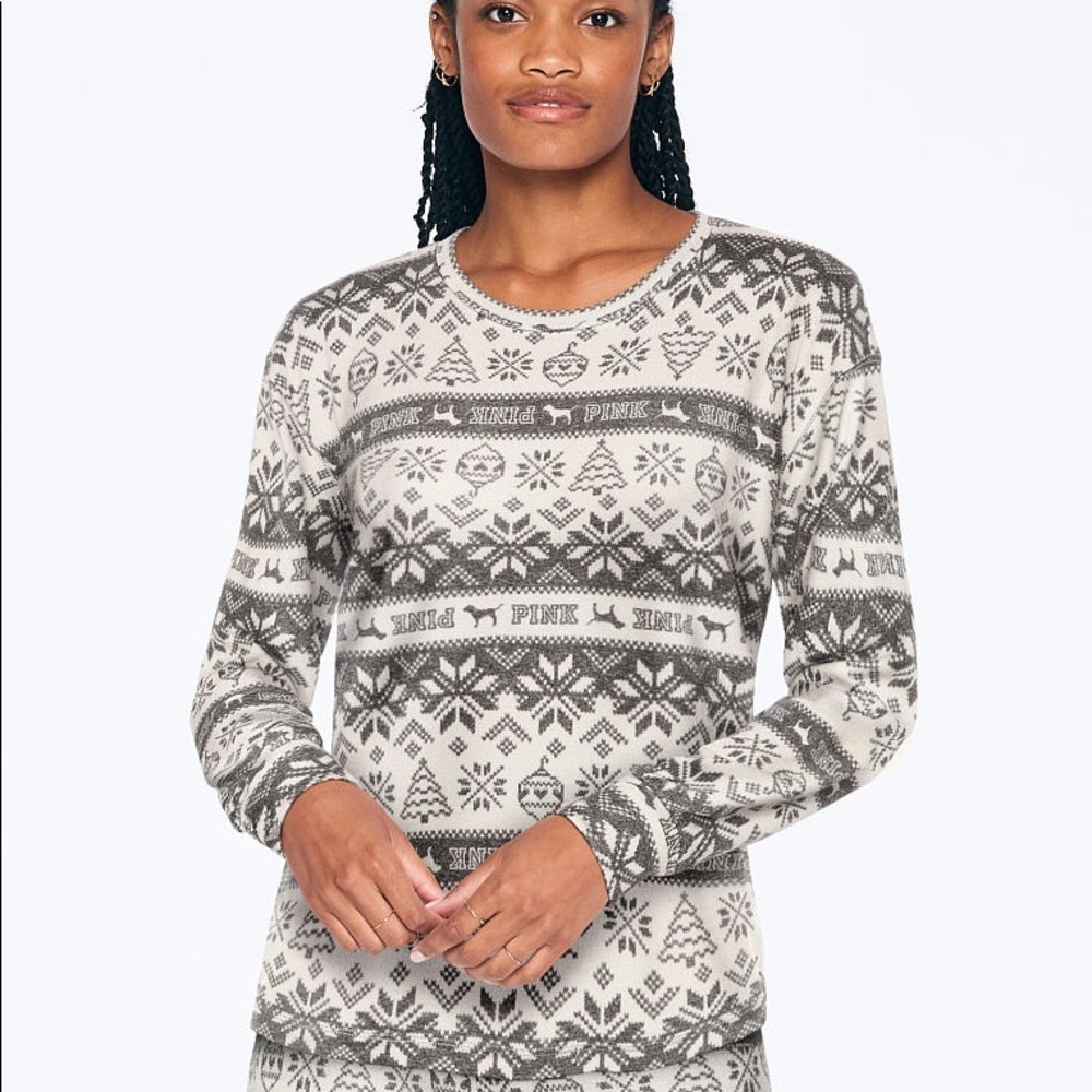 Victoria’s Secret PINK Cozy Long Sleeve Sleep Top Black Fairisle Large NEW